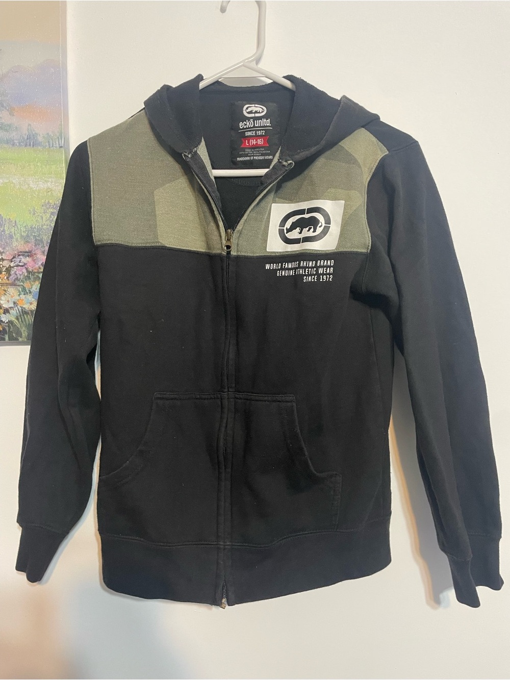 Ecko Unlimited Black and Olive Zip-Up Hoodie for Kids size L 14-16